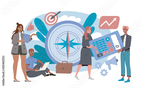 People in business. Men and women with compass and calculator. Businessteam sets goals and plans. Organizing efficient work process. Flat vector illustration isolated on white background
