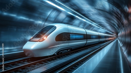 A futuristic train speeds through a sleek, illuminated tunnel, showcasing advanced technology and modern design in transportation.