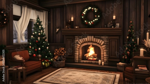 13. A cozy fireplace setting with a mantle and an open space for a product