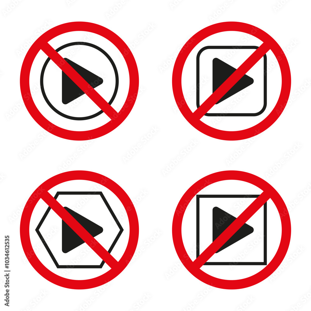 Prohibited play icons. Red circle play buttons. Stop multimedia symbols. Vector no action signs. Prohibited play icons. Red circle play buttons. Stop multimedia symbols. Vector no action signs.