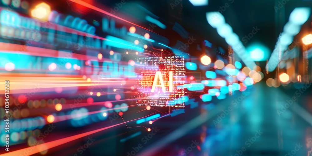 A blurry image of a city street with a glowing red and blue line that says AI by Generative AI A blurry image of a city street with a glowing red and blue line that says AI by Generative AI