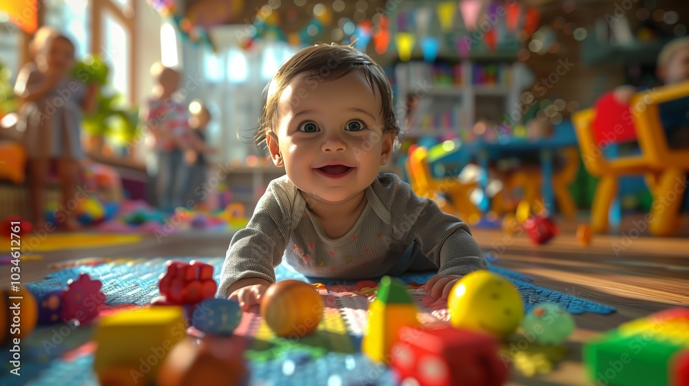 A cheerful baby playing with toys in the background, surrounded by other children and adults at an early childhood education center.