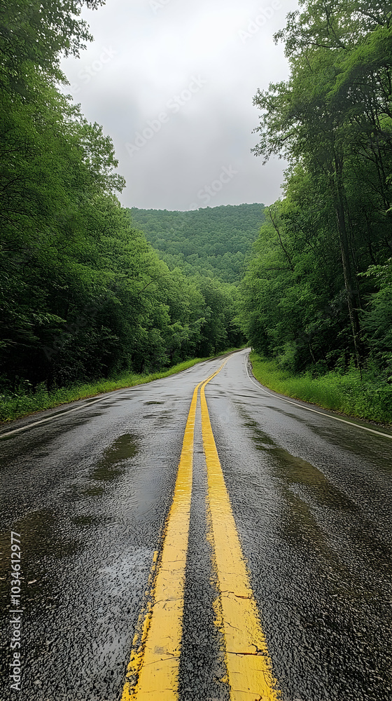 Clean Asphalt Road with Yellow Centerlines Under Clear Blue Sky Clean Asphalt Road with Yellow Centerlines Under Clear Blue Sky