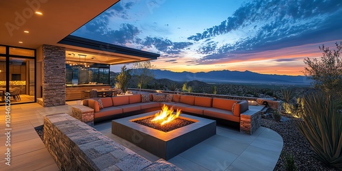 A modern patio with a fire pit and a view of the sunset over the mountains.