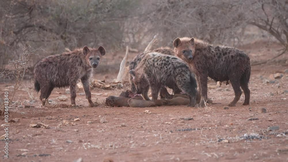 African Spotted Hyena (Crocuta crocuta) or laughing Hyena clan at sunrise feeding on the remains of a baby elephant Slow motion, 25 percent natural speed. African Spotted Hyena (Crocuta crocuta) or laughing Hyena clan at sunrise feeding on the remains of a baby elephant Slow motion, 25 percent natural speed.
