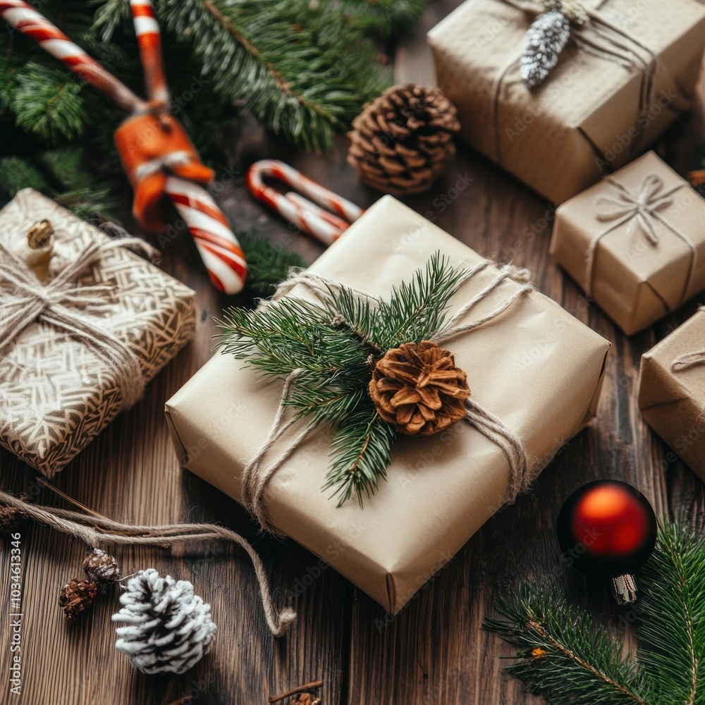 Festive holiday gifts wrapped with care surrounded by christmas cheer and decor Festive holiday gifts wrapped with care surrounded by christmas cheer and decor