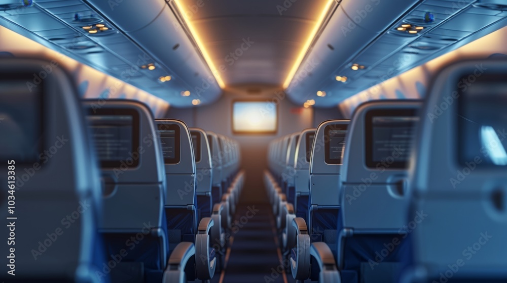 Fototapeta premium Photo of an airplane interior with a blank TV screen on the back of each seat, ready for advertising or digital content display