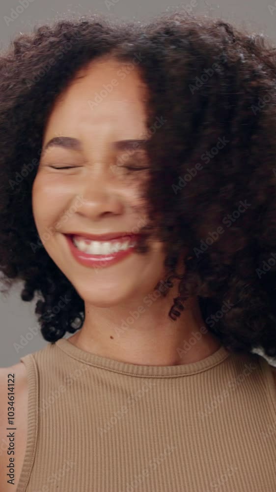 Hair care, beauty and face of woman in studio with natural, hydration and healthy routine for volume. Cosmetics, happy and portrait of person from Brazil with curly hairstyle for salon treatment. Hair care, beauty and face of woman in studio with natural, hydration and healthy routine for volume. Cosmetics, happy and portrait of person from Brazil with curly hairstyle for salon treatment.