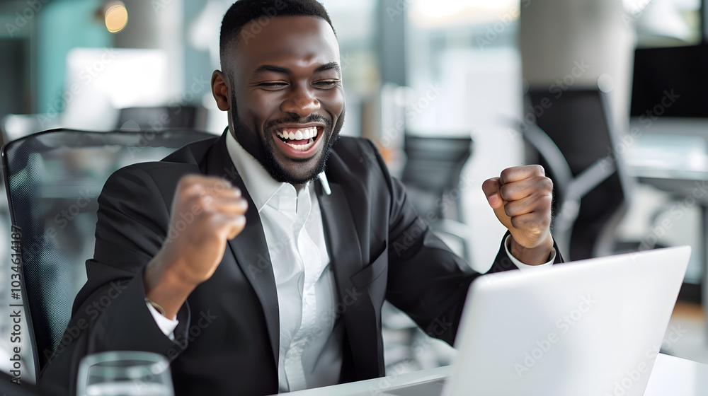 Professional Man Celebrating Success While Working on a Laptop in a Modern Office Professional Man Celebrating Success While Working on a Laptop in a Modern Office