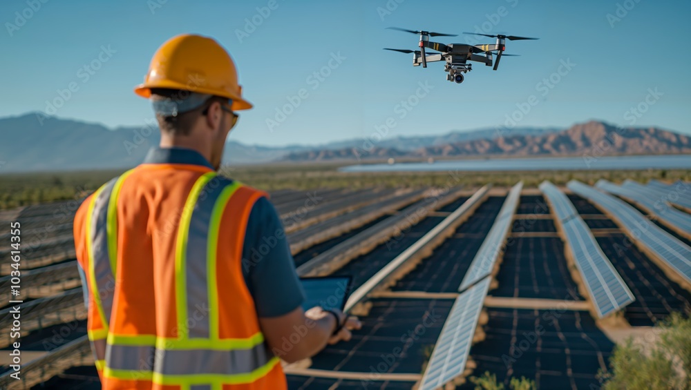Technician operating remote-controlled uas for solar panel inspection Technician operating remote-controlled uas for solar panel inspection