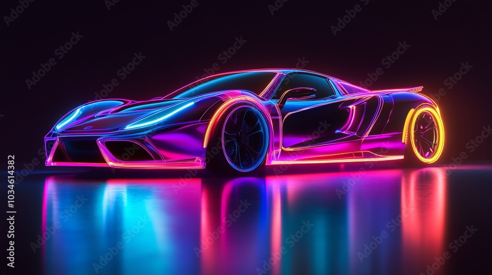 A sleek, futuristic sports car bathed in vibrant neon lights. A sleek, futuristic sports car bathed in vibrant neon lights.