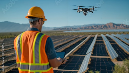 Technician operating remote-controlled uas for solar panel inspection