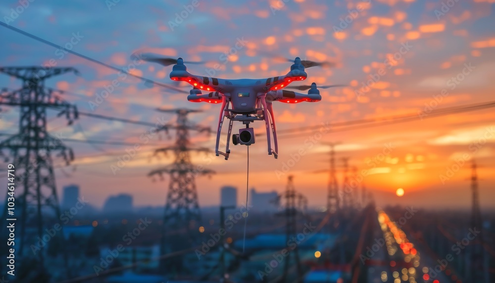 Remote-controlled quadcopter drone inspecting power lines at sunset
