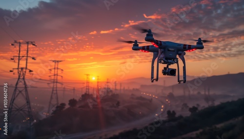 Remote-controlled quadcopter drone inspects power lines at sunset