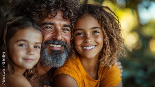 A father smiles broadly while embracing his two daughters in a lush outdoor environment, radiating happiness as they share a loving moment together.