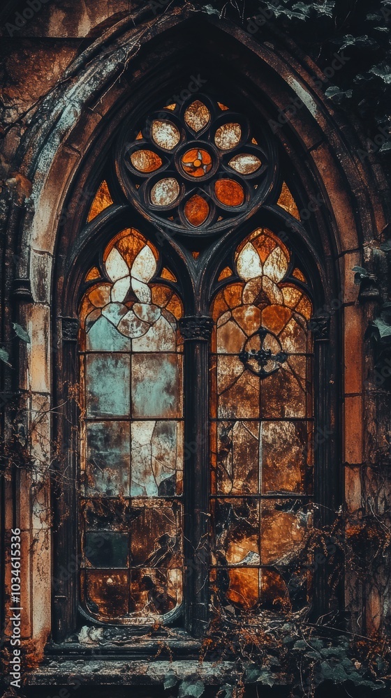Fototapeta premium Gothic style stained glass window overgrown with ivy in abandoned church