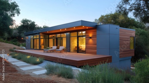 Modern house with large windows and a wooden deck in a natural setting.