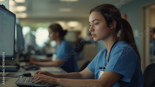 Focused nurse working on a computer in a hospital office.