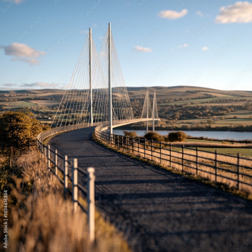 Fototapeta premium Scenic view of a modern bridge overlooking lush green landscape and calm waters