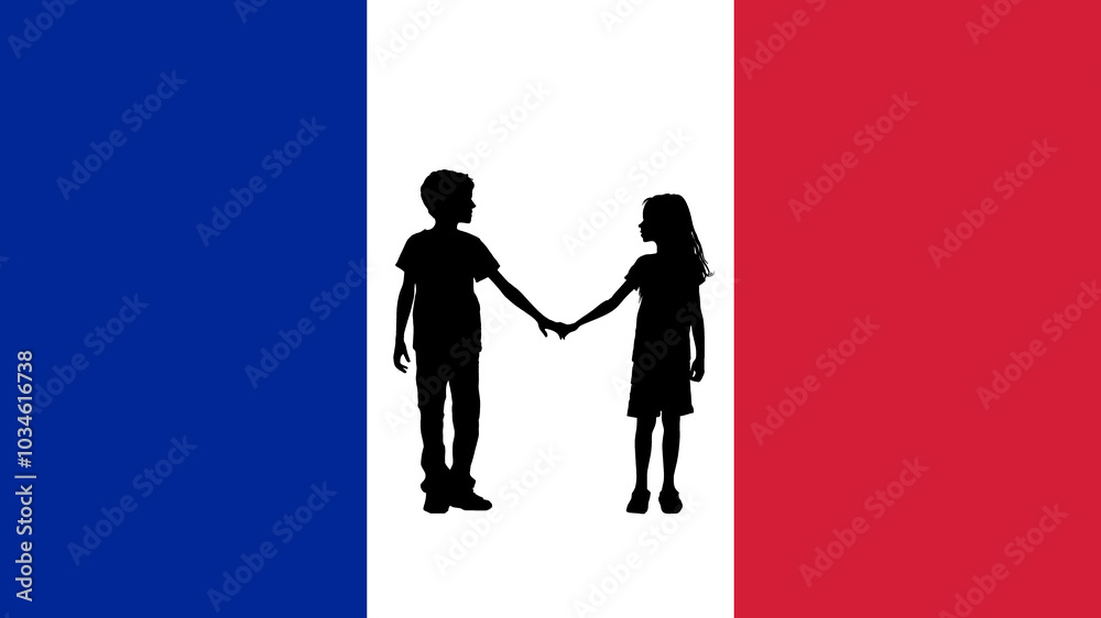 Silhouette of a Boy and Girl Holding Hands on a French Flag Silhouette of a Boy and Girl Holding Hands on a French Flag