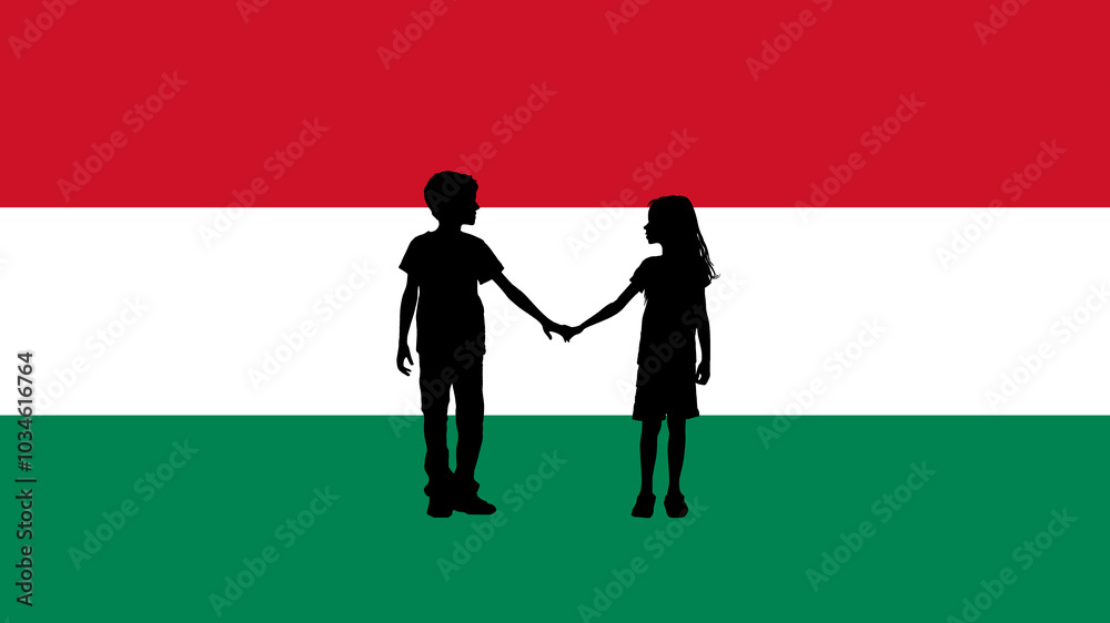 Silhouette of a Boy and Girl Holding Hands on a Hungarian Flag Silhouette of a Boy and Girl Holding Hands on a Hungarian Flag