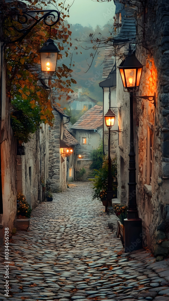 Fototapeta premium Tranquil Cobblestone Street in a Charming European Town at Dusk