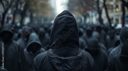 A person in black hoodie walking down the street, surrounded by people wearing dark