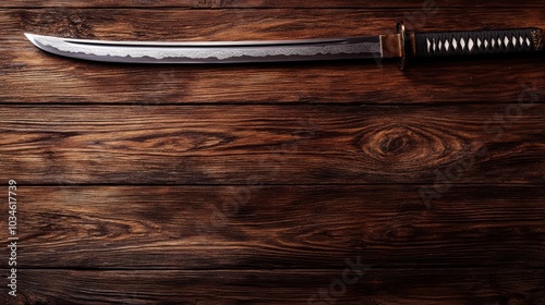 A traditional sword resting on a wooden surface, showcasing craftsmanship and design.