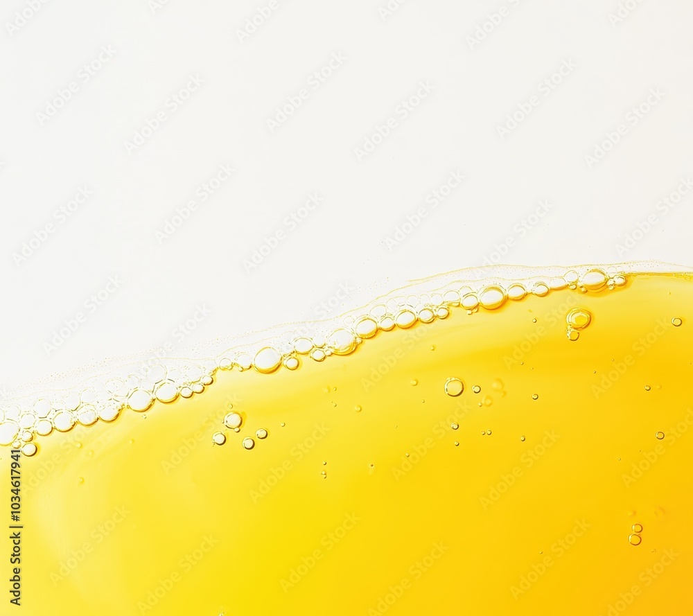 Yellow oil on a white background, Bubbles float on the surface of the yellow liquid. Yellow oil on a white background, Bubbles float on the surface of the yellow liquid.