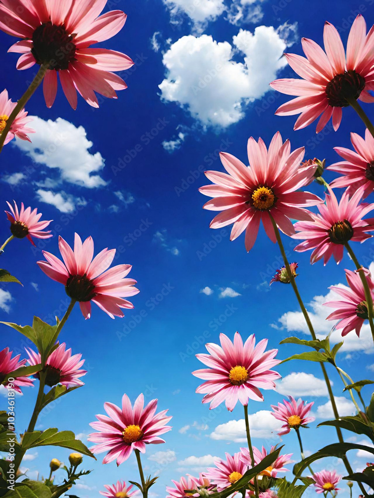 beautiful cosmos flowers on a blue sky background beautiful cosmos flowers on a blue sky background