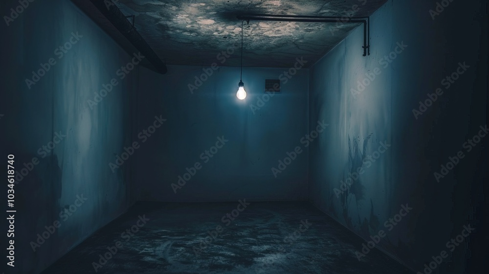 Dark empty room with single flickering light bulb casting long shadows, emphasizing absence of power and eerie atmosphere, minimalist setting with focus on light bulb's glow. Dark empty room with single flickering light bulb casting long shadows, emphasizing absence of power and eerie atmosphere, minimalist setting with focus on light bulb's glow.