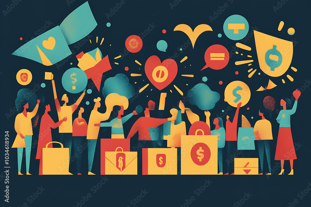 Obraz premium Flat art style illustration showing a fundraising event with people donating, holding charity symbols, and supporting a philanthropic cause.