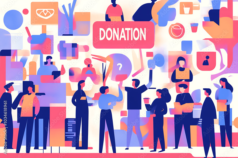 Flat art style illustration showing a fundraising event with people donating, holding charity symbols, and supporting a philanthropic cause.
Flat art style illustration showing a fundraising event with people donating, holding charity symbols, and supporting a philanthropic cause.