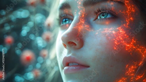 Beautiful female face. Radiant rays emanate from the face. The rays end with pictures of mitochondria, blood vessels, and rose hips.