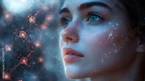 Beautiful female face. Radiant rays emanate from the face. The rays end with pictures of mitochondria, blood vessels, and rose hips.
