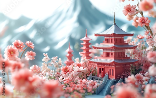 New Year card background depicting an abstract Tokyo skyline with Mount Fuji and a red shrine