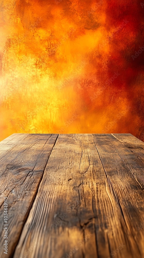 Rustic wooden table with a blurred orange and red background. Rustic wooden table with a blurred orange and red background.
