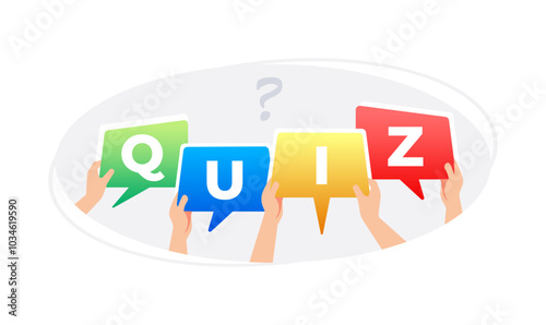 People holding speech bubbles forming quiz word with question mark photo