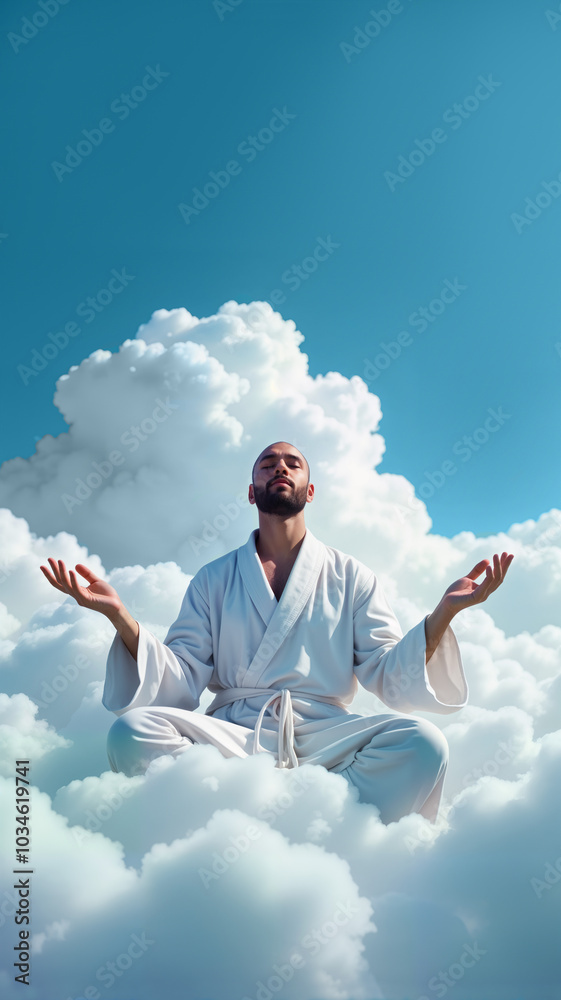 A man meditating on clouds under a bright blue sky. His relaxed posture and focused expression convey a sense of tranquility. For themes of meditation, mindfulness, and personal growth A man meditating on clouds under a bright blue sky. His relaxed posture and focused expression convey a sense of tranquility. For themes of meditation, mindfulness, and personal growth