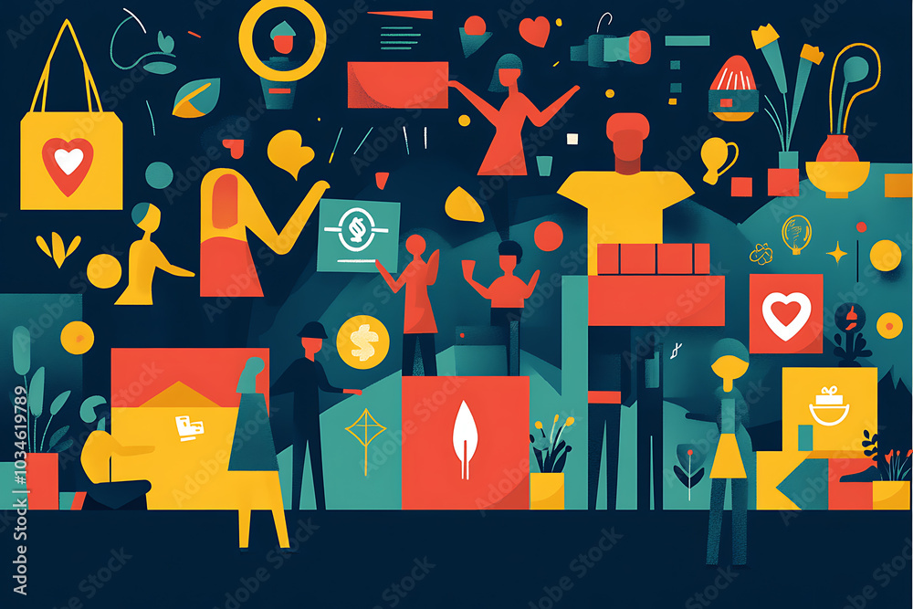 Obraz premium Flat art style illustration showing a fundraising event with people donating, holding charity symbols, and supporting a philanthropic cause.