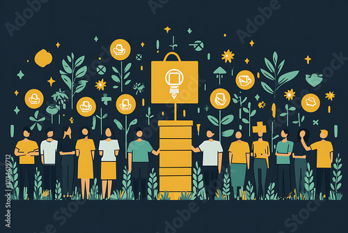 Flat art style illustration showing a fundraising event with people donating, holding charity symbols, and supporting a philanthropic cause.
 photo