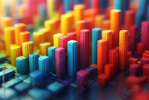 A dynamic 3D data visualization displaying colorful chart bars, illustrating business analytics, statistics, and trends in a modern, abstract style. 