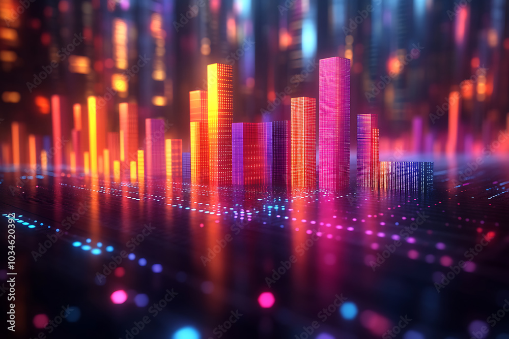 A dynamic 3D data visualization displaying colorful chart bars, illustrating business analytics, statistics, and trends in a modern, abstract style.
