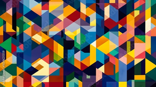 A colorful mosaic tile pattern with a variety of shapes and colors. The tiles are arranged in a way that creates a sense of movement and energy. Scene is vibrant and lively, with the colors