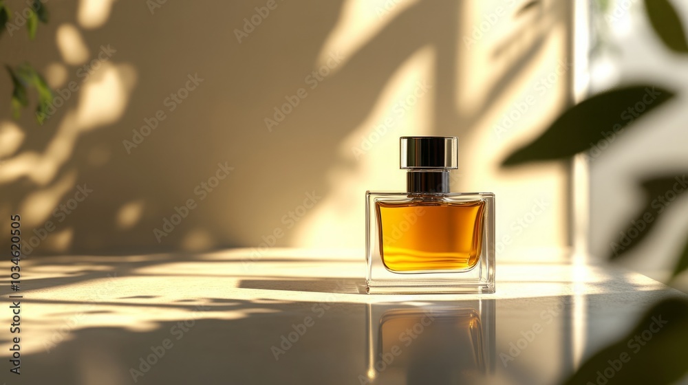 Elegant glass perfume bottle with amber liquid, surrounded by soft shadows and greenery.