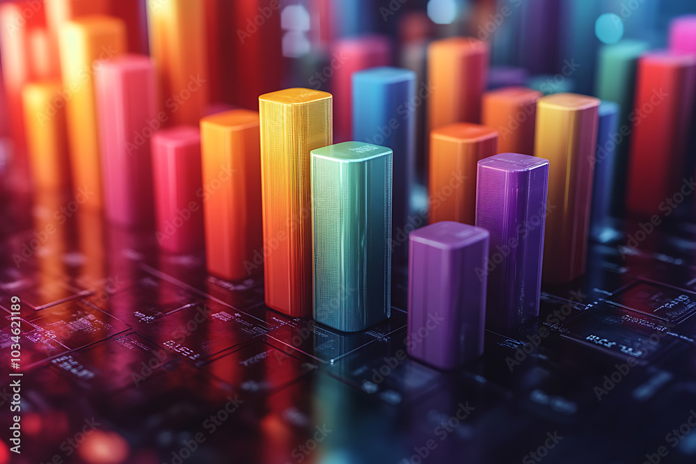 Obraz premium A dynamic 3D data visualization displaying colorful chart bars, illustrating business analytics, statistics, and trends in a modern, abstract style. 