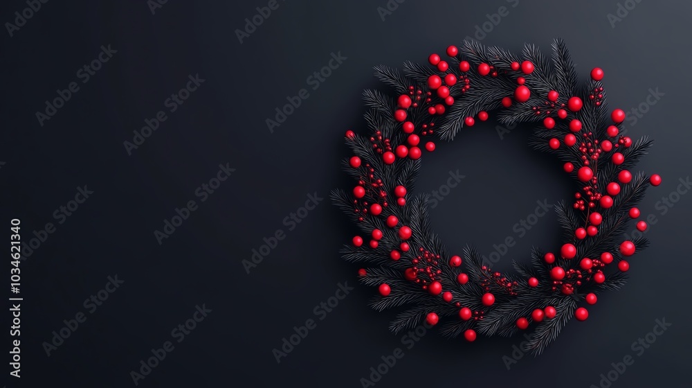 A vibrant red berry wreath elegantly displayed against a dark background, perfect for holiday decor and festive celebrations. A vibrant red berry wreath elegantly displayed against a dark background, perfect for holiday decor and festive celebrations.