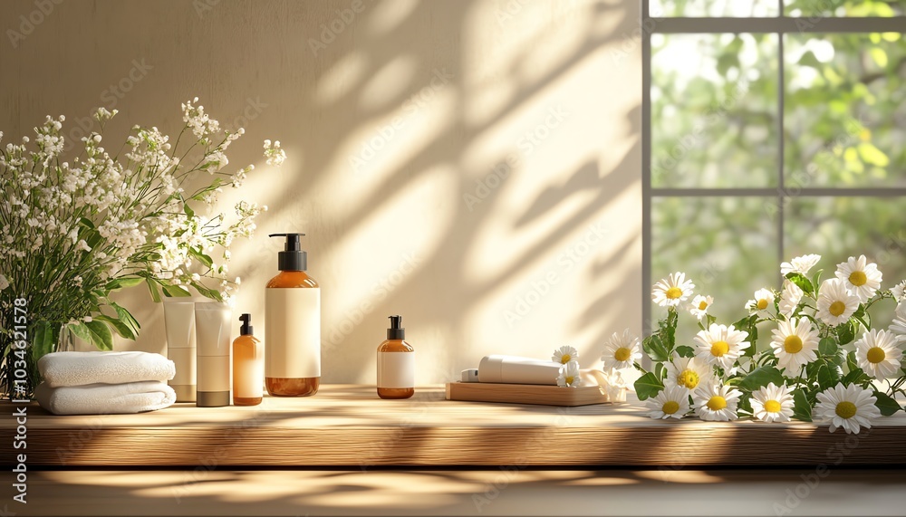 Modern bathroom vanity featuring a wooden countertop with beauty cosmetic bottles and flowers