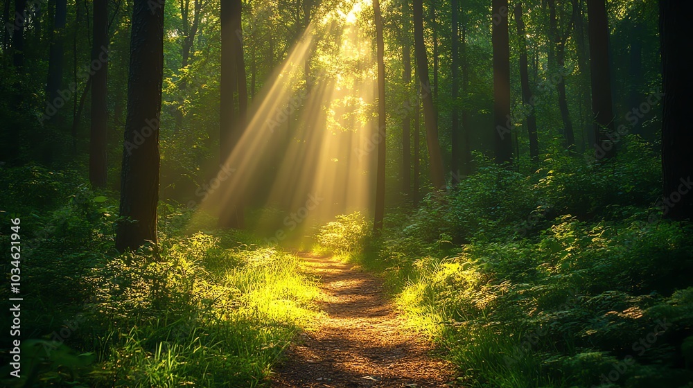 Naklejka premium Sunbeams illuminate a pathway through a lush green forest.