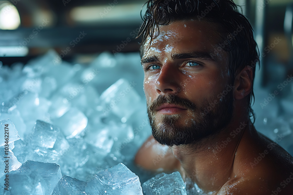 Men sit in ice baths filled with ice cubes to enhance muscle recovery after physical exertion, promoting faster regeneration and reducing soreness.
